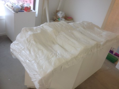 Mallen insvept i gladpack för att få väck frigoliten senare. Sedan ett lager myggnät och och husfix 