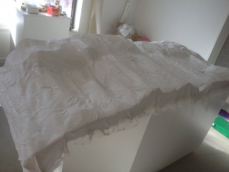 För att få myggnätet att sluta till mot formen sätter jag spik som lätt tas bort från baksidan senare